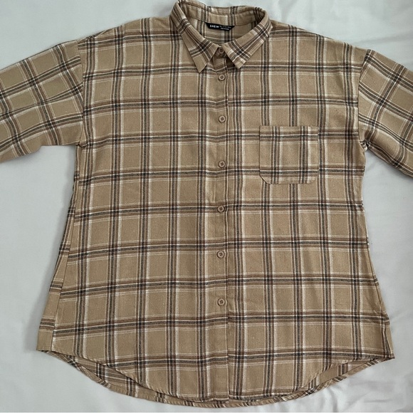 SHEIN Women’s Flannel Plaid Button Up Shirt Large Brown | Khaki | Tan - Picture 3 of 10